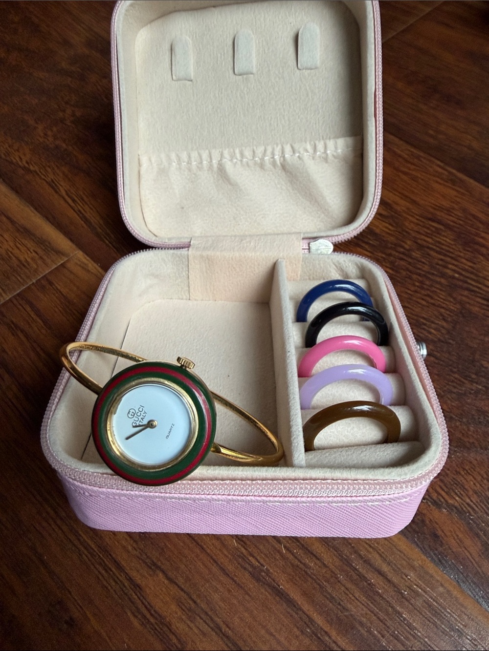 Gucci Gold-Tone Bangle Watch with Green Dial and Interchangeable Bezels